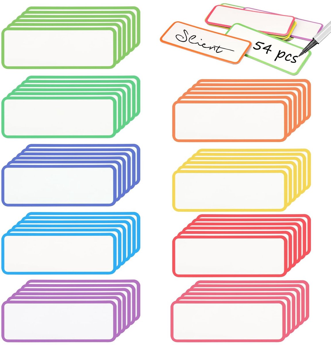 JHUBERS- Magneetstrips 54 Stuks - Beschrijfbare Etiketten - 8 x 3 cm - Herbruikbare Naamlabels - Kleurrijke Magneten - Voor School/Kantoor - Magnetische Etiketten