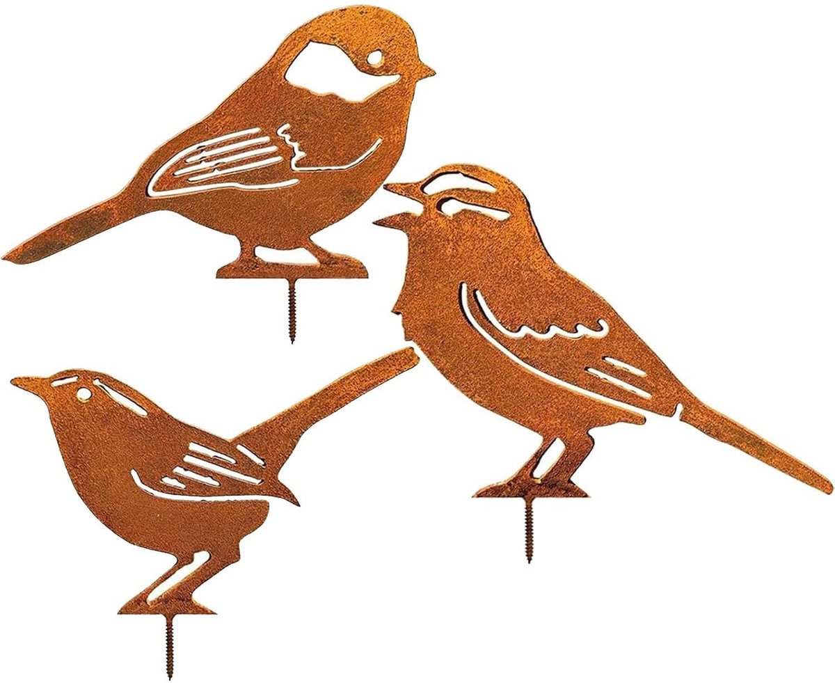 BRENZOOS- Vogeldecoratie Roestlook - Tuinsteker - Metalen Vogelsteker - Tuindecoratie - Hekfiguren - Weerbestendig - Unieke Houding