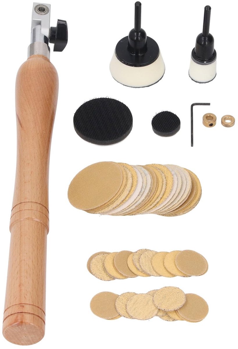 SOUQONE- Komschuurset Handbediend - Draaibankschuurset - Houten Handgreep - 50 Stuks Schuurschijven - Verstelbare Lagerkop - Duurzaam Materiaal - Handschuurmachine