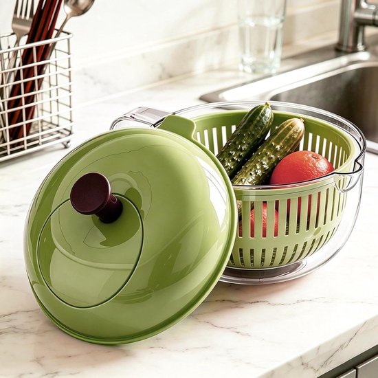 Fruitwasser Kom - Groente Slinger - Verse Salades Maken - Wiebelvrij Droogproces - 23 x 23 x 18 cm - Groen — afbeelding 2