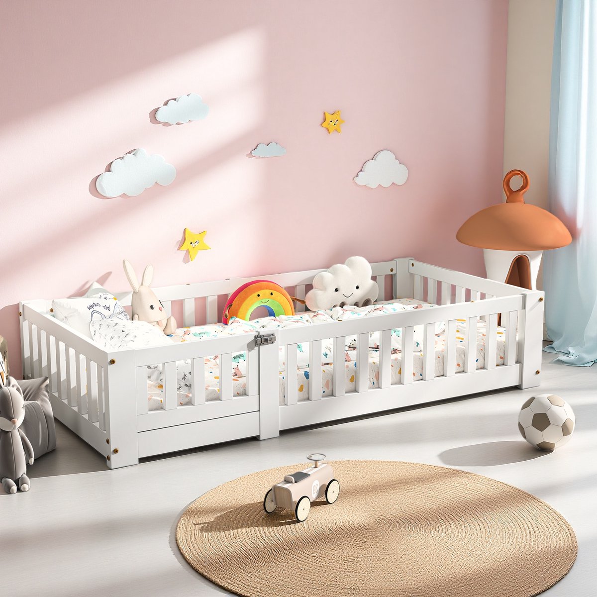 Montessori kinderbed 90 x 200 cm. Kinderbed met deur, valbeveiliging en lattenbodem, gemaakt van massief grenenhout, exclusief matras