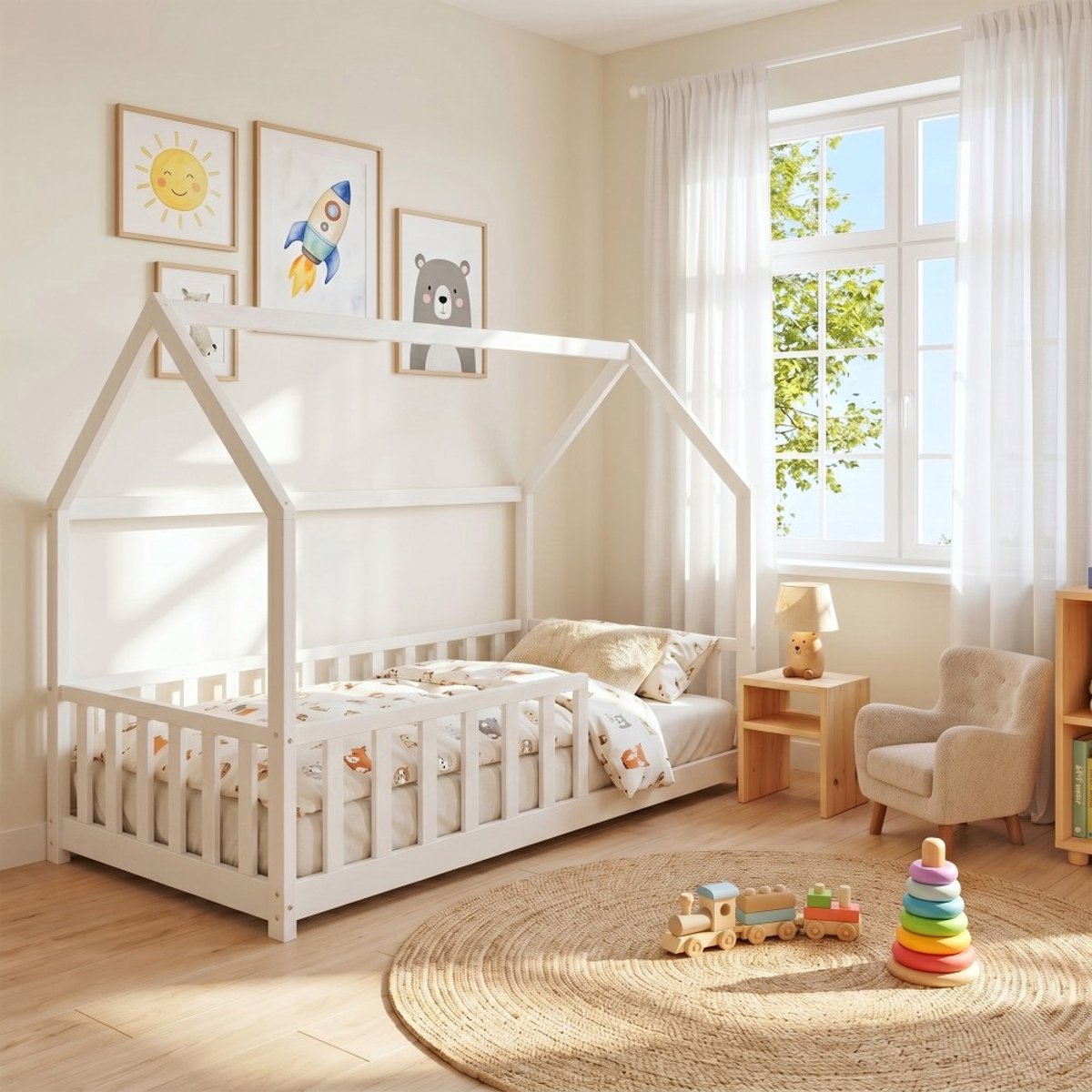 Huisjesbed KIWI 90x200 + 1 lattenbodem + bedhekje / Wit