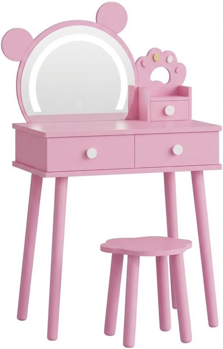 Kinderkaptafel van hout met led-spiegel in de vorm van een teddybeer – Prinsessenkaptafel met opberglades en krukje met bloemenprint – Meisjeskamermeubels - Roze