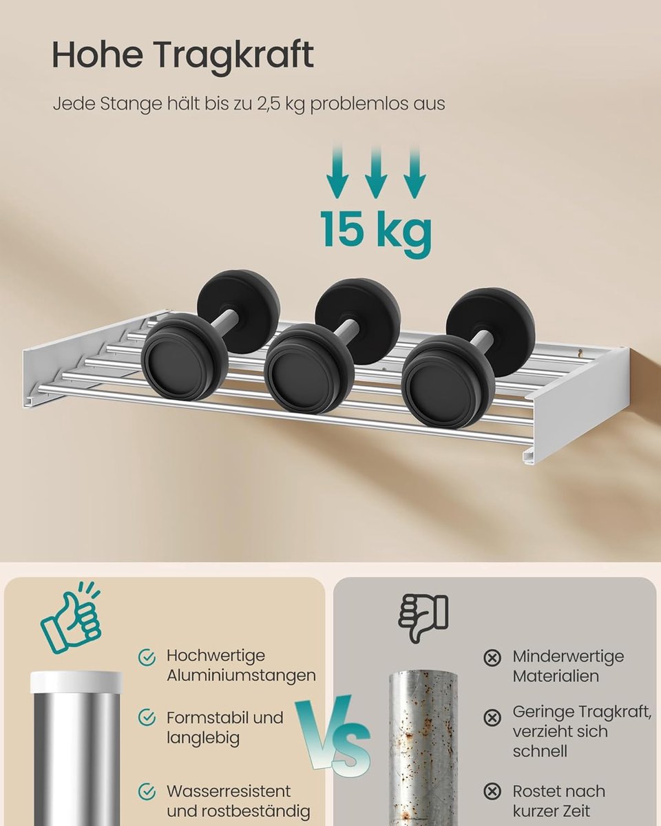 SONGMICS Wasrek wandmontage, wasdroger inklapbaar 6 stangen, wandwasdroger uittrekbaar, wanddroger, ruimtebesparend, boorsjabloon, voor binnen en buiten, 100 cm, mat wit LLR810WE01