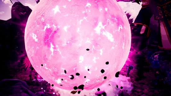 Een gigantische, gloeiende roze planeet met op de voorgrond rook en in de verte duistere, silhouet-achtige figuren.