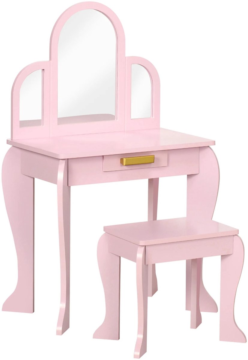 NordHaus Kinderkaptafel - Kinder Schminktafel - Make-uptafel met 3 Spiegels en Kruk - Opberglade - Roze 52x32x85 cm