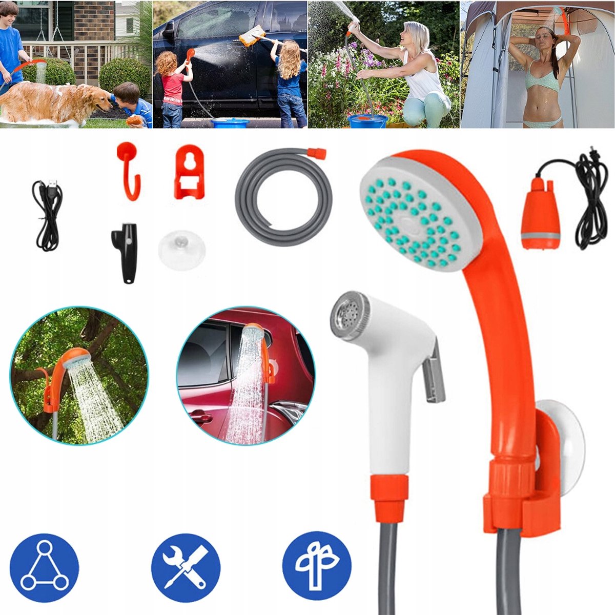 Draagbare Douche - Draagbare Camping Douche Pomp Met Oplaadbare Pomp - Draagbare Douche Voor Kamperen - Draagbare Buitendouchekop Voor Kamperen Wandelen En Reizen (+ Handsproeier)