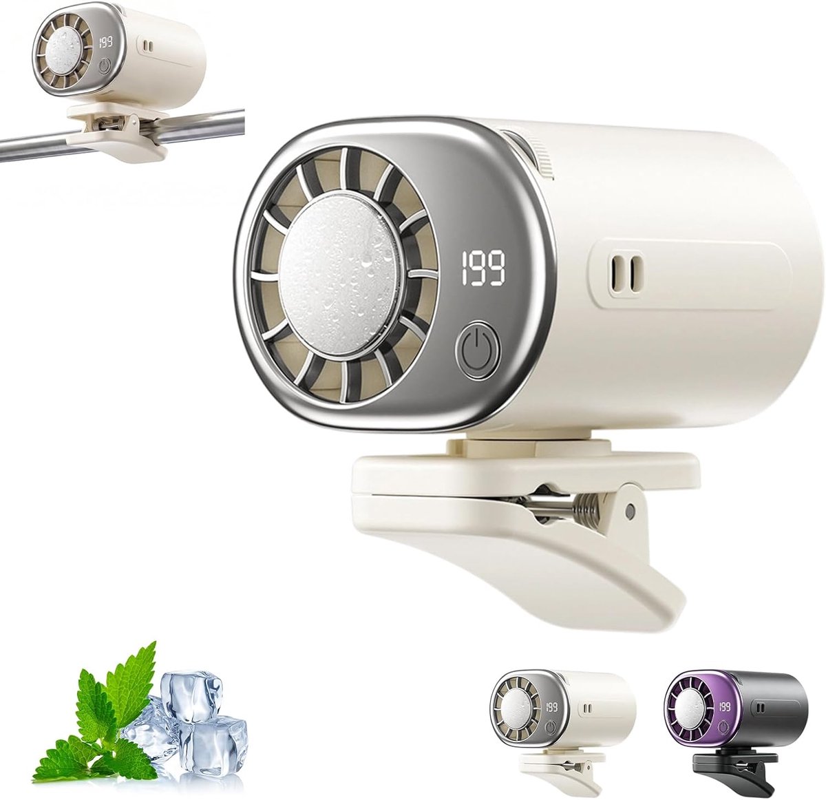 Ventilator - Mini ventilator - Draagbare mini koelventilator - Auto ventilator met clip en led display - 199 instelbare snelheden - 16℃ semi-koeling - Voor auto werk en camping - Wit