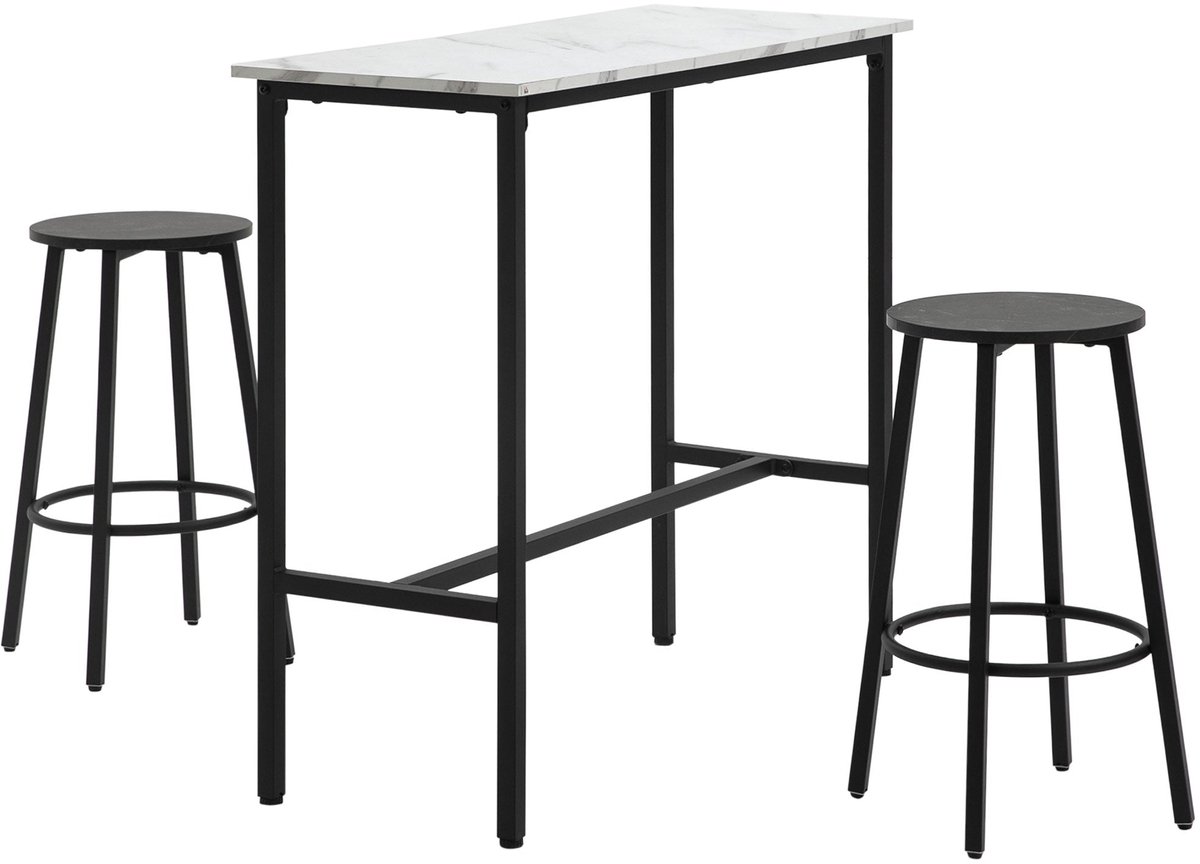 Merax Bartafel Met 2 Barkrukken - 3-Delige Eetgroep - Smalle Keukentafel Met Marmerlook Blad - Wit-Zwart - 100 x 40 x 90 cm