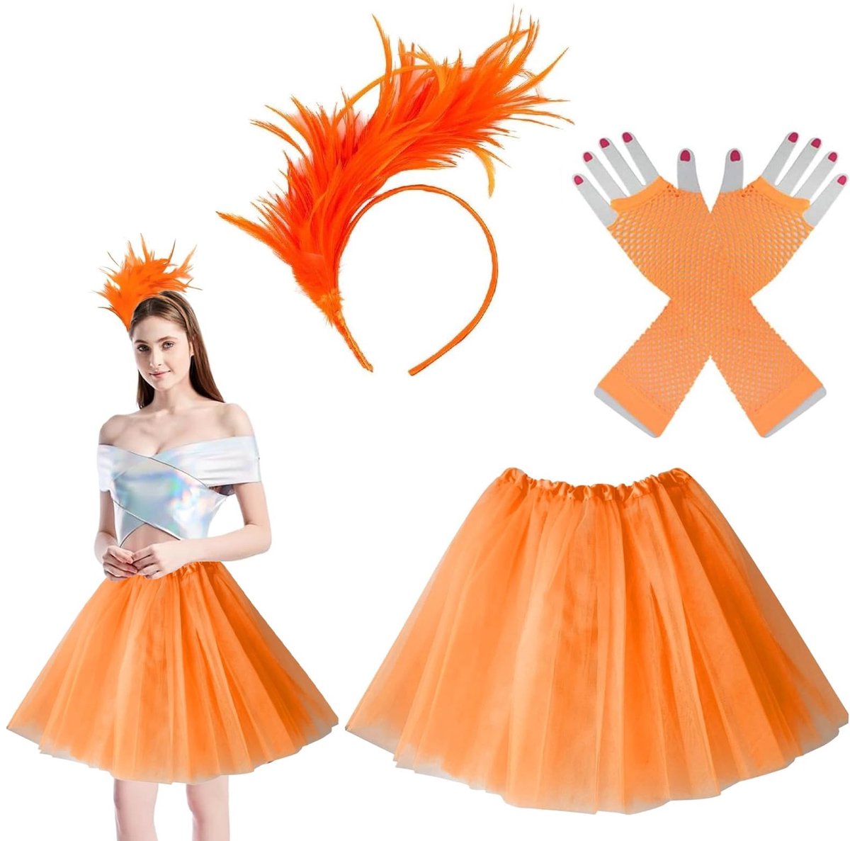Dailygoods- Tule Rok Dames - Oranje Feestset - Hoofdband met Veren - Handschoenen - Volumineuze Stijl - Ademend Polyester - Feestrok