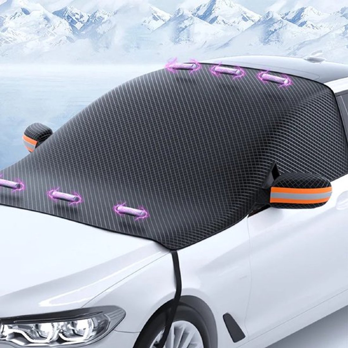 Magnetische, verdikte, halfhoge autohoes met zonwering, ijsbescherming, sneeuwbescherming en stofbescherming, voorzien van 6 magneten, Oxford-stof voorruit- en zijruithoezen, winddichte banden en oranje reflecterende strips.