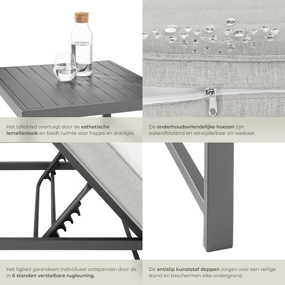 Luxe Aluminium Modulaire Tuin Loungeset 192,5 x 65 x 62 cm met 6-voudig Verstelbare Rugleuning, Comfortabele Waterafstotende Kussens en Glazen Tafel voor Tuin & Balkon – Weerbestendig Design (Mobili Bella)