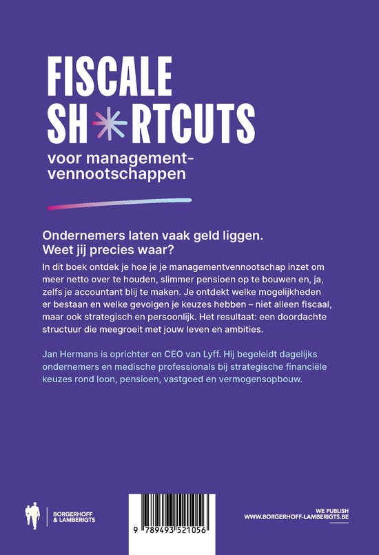 Boekomslag met de titel "Fiscale shortcuts voor managementvennootschappen" en tekst over ondernemers die geld laten liggen.