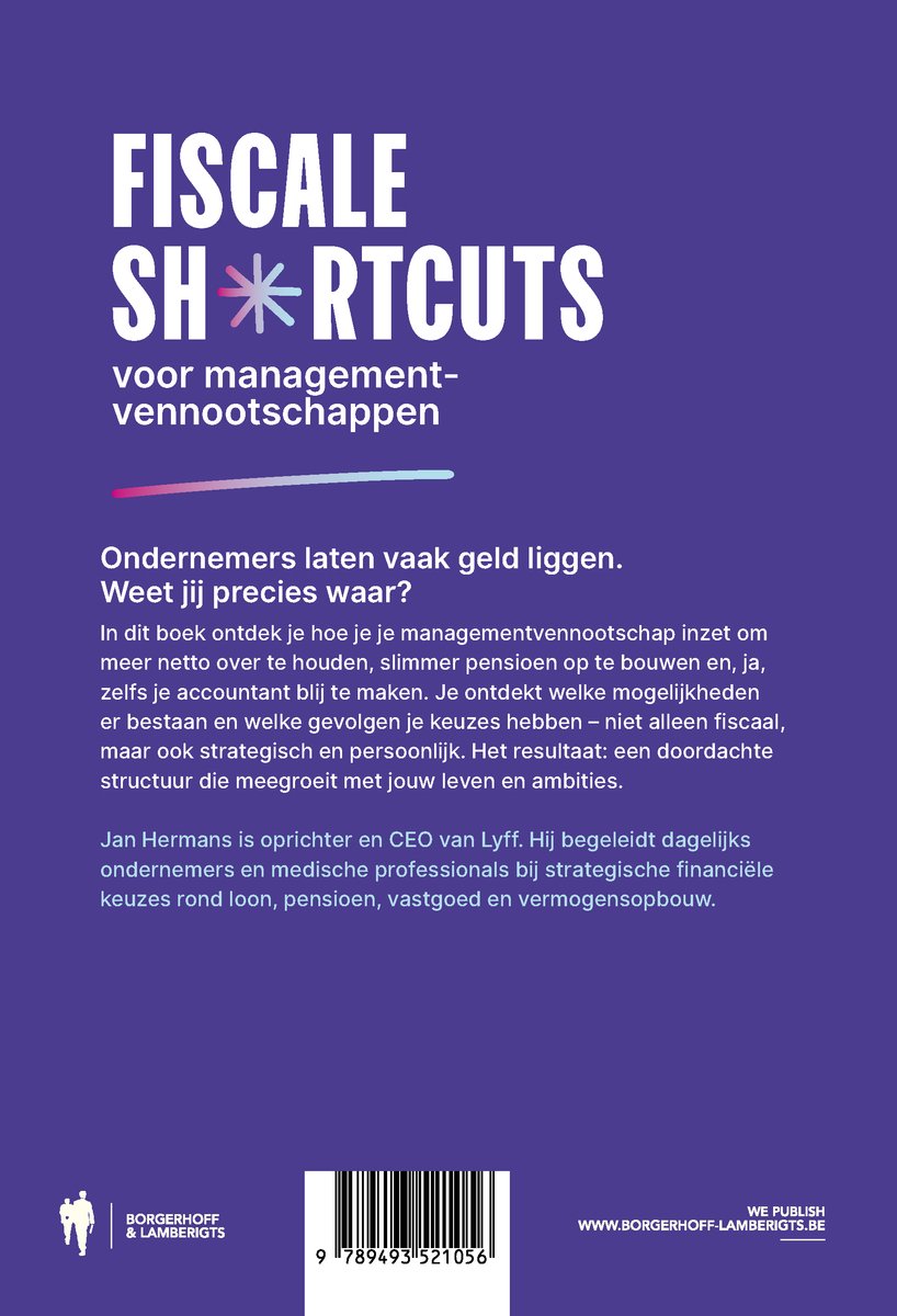 Boekomslag met de titel "Fiscale shortcuts voor managementvennootschappen" en tekst over ondernemers die geld laten liggen.