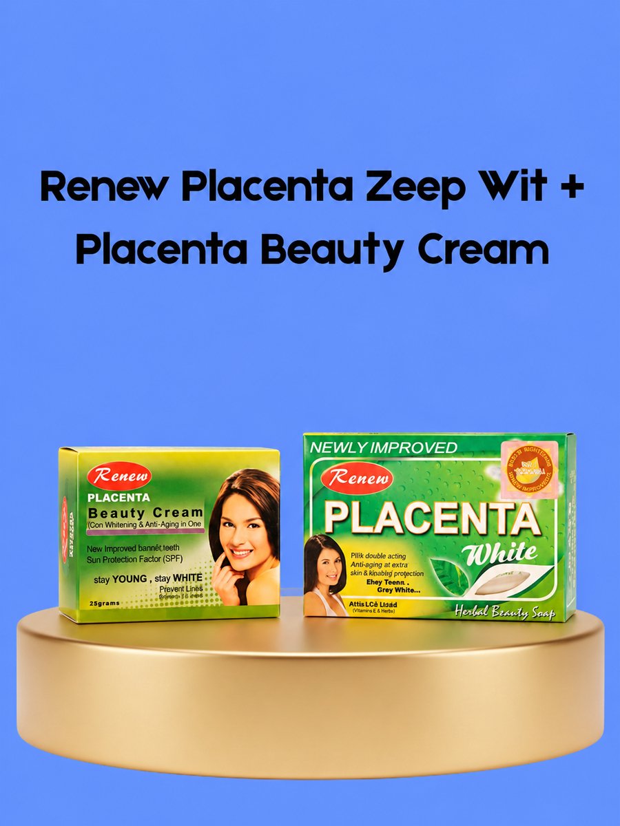 Renew Placenta Soap White + Placenta Beauty Cream – Verhelderende & Hydraterende Huidverzorgingsset – Helpt Donkere Vlekken te verminderen, Egaliseert de Huidtint & Hydrateert Intensief – Voor een Gladde, Stralende & Gezonde Huid