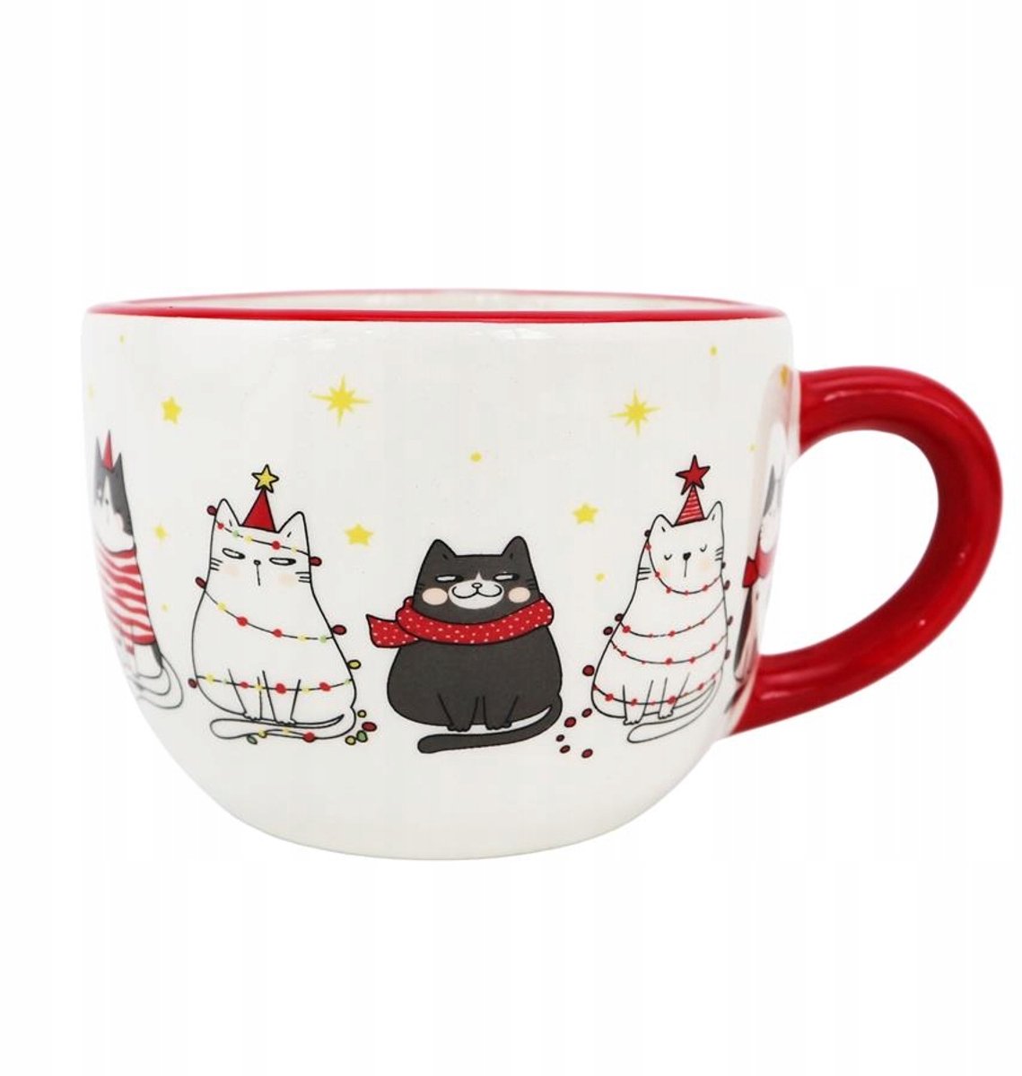 Kerstmok 440ml - Schattige Katjes Keramiek met Rood Oor