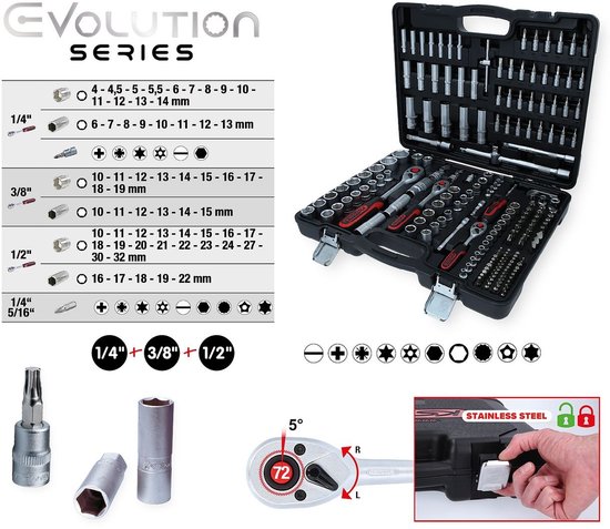 Gereedschapskoffer met een set zilverkleurige doppen en ratels met rode handvatten. Tabel met maten en bit-symbolen.