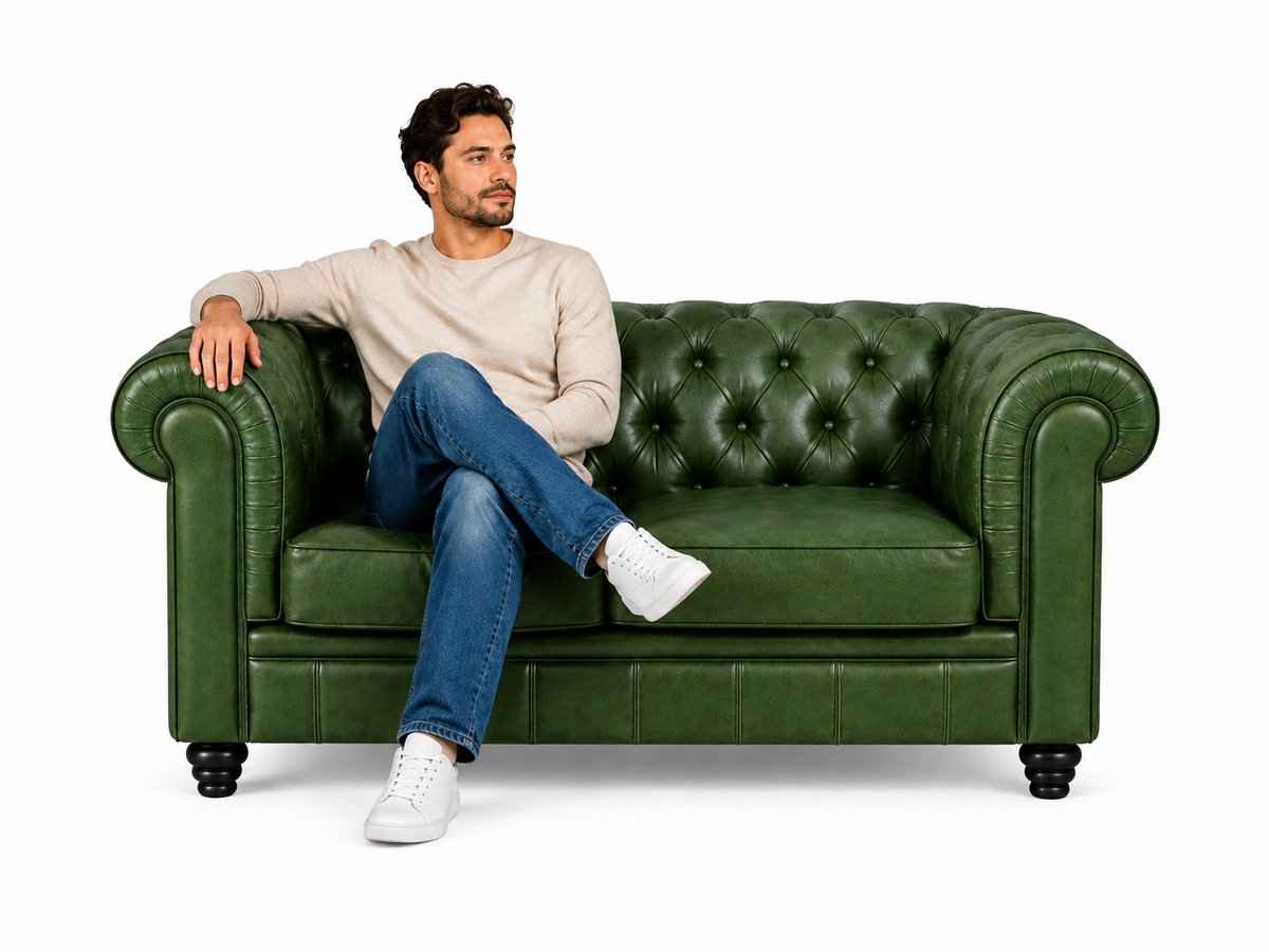 Bank Chesterfield - 2 Zits - Groen Leer - Sofa - Bankstel