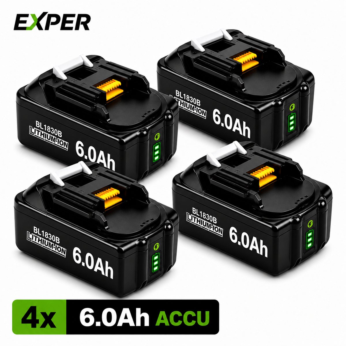 EXPER - 18V Accu geschikt voor Makita - 4 Stuks - Extra Groot 6.0Ah - BL1860B - 18V 6.0Ah Batterij - Vervangende Accu - Makita 18V - 6000mAh - LED display - Li-ion Accu - LED Display - Accuboormachine - 18V BL1830B BL1840B BL1850B BL1860B