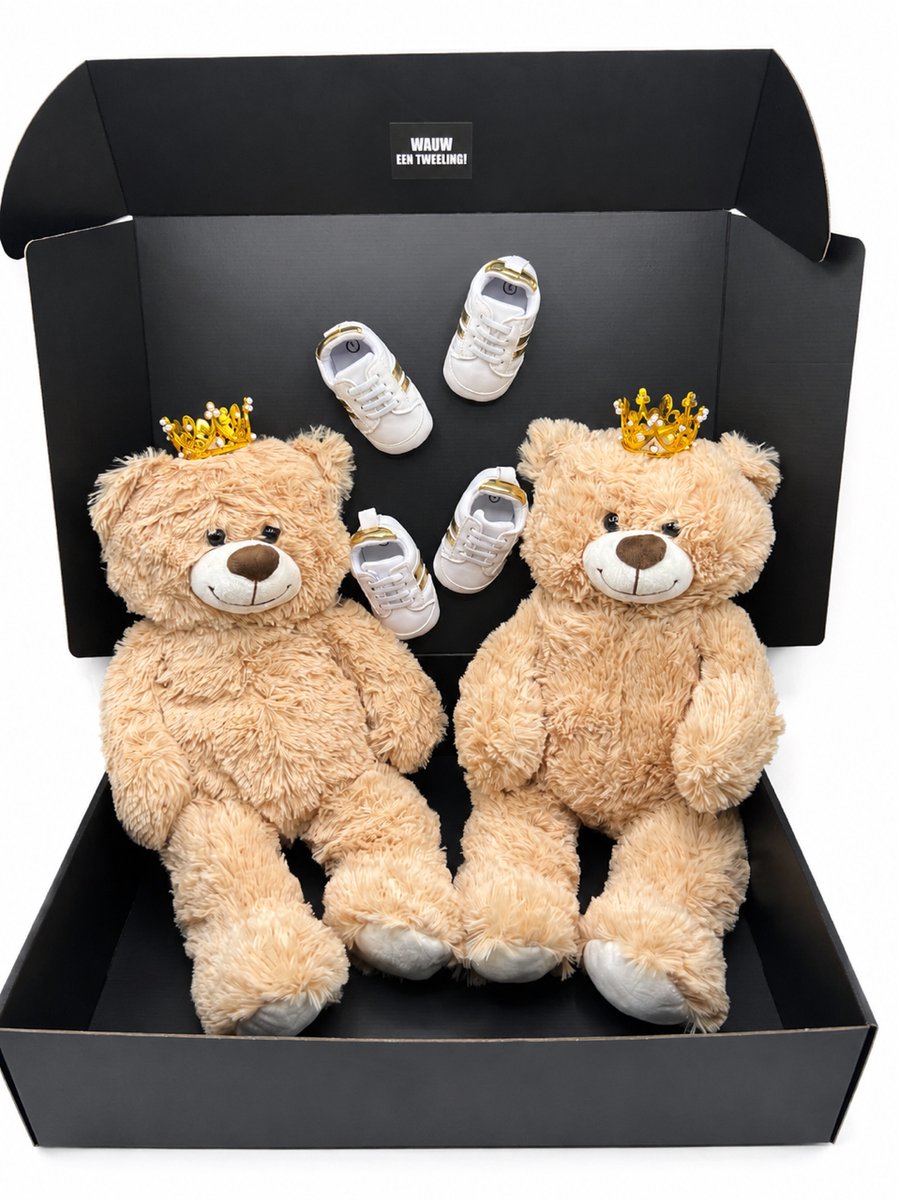 Kraamcadeau tweeling met 50cm teddybeer en babyschoentjes - geboortecadeau tweeling