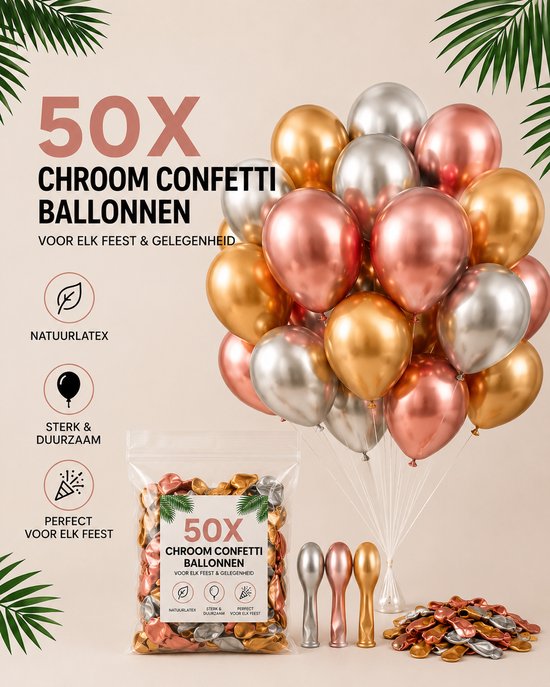50x chroom confettiballonnen in goud, zilver en roségoud. Natuurlijke latex, sterk & duurzaam. Perfect voor elk feest.