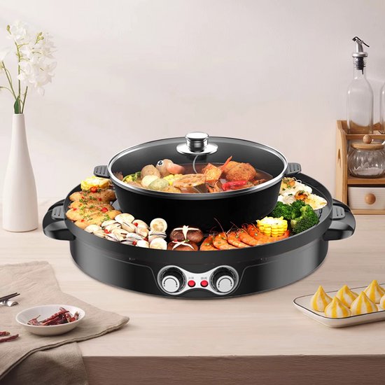 JOYNEXTBUY - 2-in-1 Elektrische Hot Pot & Grill - Dubbele Temperatuurregeling - Anti-aanbaklaag - Zwart - BBQ, Steak & Hotpot — afbeelding 2