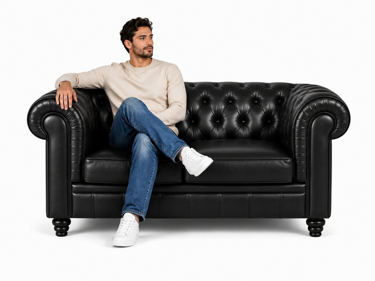 Bank Chesterfield - 2 Zits - Zwart Leer - Sofa - Bankstel