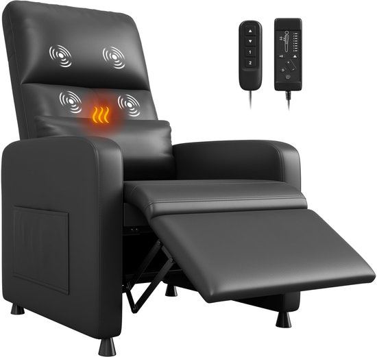 Zwarte fauteuil met massage- en verwarmingsfuncties, met twee afstandsbedieningen. Voetsteun is uitgeschoven.