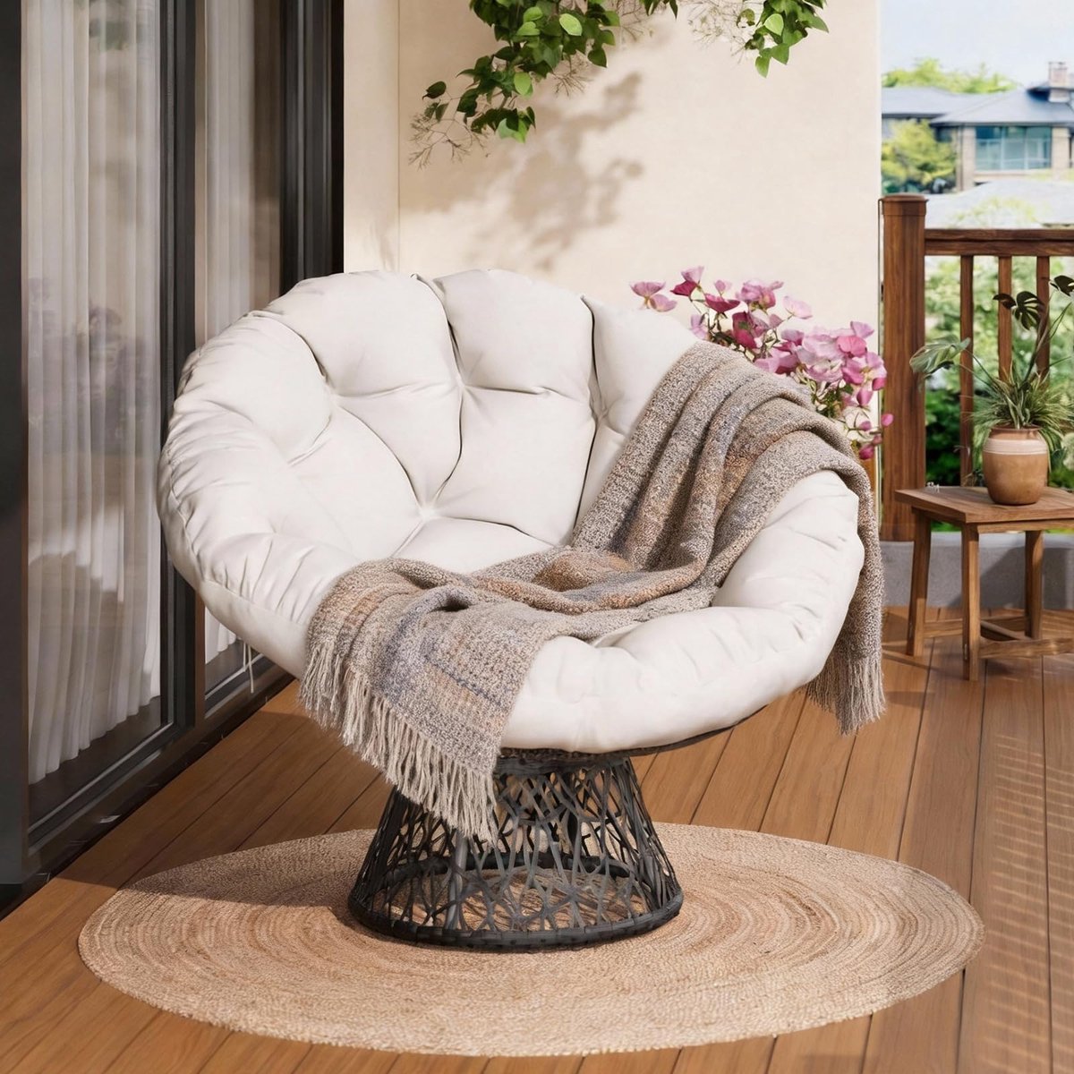Tuinstoel Rotan Met Dikke Kussen - Stalen Frame - Ergonomisch en 360° Draaibaar - Comfortabel Voor Woonkamer, Slaapkamer, Leeshoek, Lounge - Wit