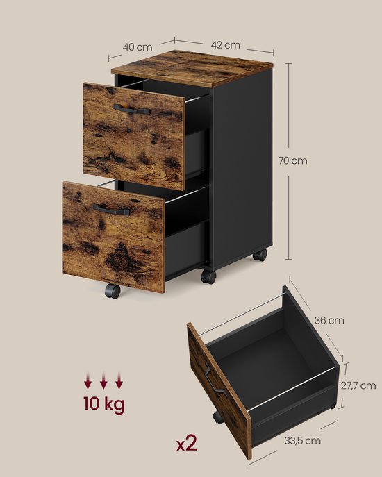 Afmetingen van een archiefkast met 2 lades met verweerd houtmotief en zwarte handgrepen, met wielen. Laadvermogen 10 kg per lade.