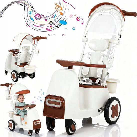 Witte en bruine kinderdriewieler met zonnekap en entertainmentplateau. Inclusief muzieknoten en een lachende baby.