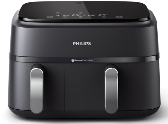 Philips 3000 Series Dual Airfryer - NA351/00 - Dubbele Mand - 9L - Tot 6 Personen - Zwart/Zilver