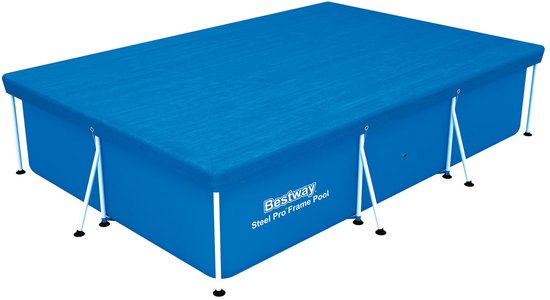 Blauw Bestway Steel Pro rechthoekig zwembadafdekzeil, met touwen en metalen frame.