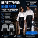 Reflecterend regenpak voor volwassenen, jas en broek met reflecterende zilveren details, ideaal voor zichtbaarheid en veiligheid.