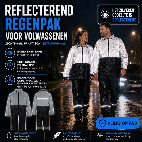 Reflecterend regenpak voor volwassenen, jas en broek met reflecterende zilveren details, ideaal voor zichtbaarheid en veiligheid.