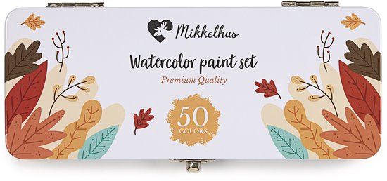 Gouden deksel van een Mikkelhus aquarelverf set met 50 kleuren, versierd met herfstbladeren.