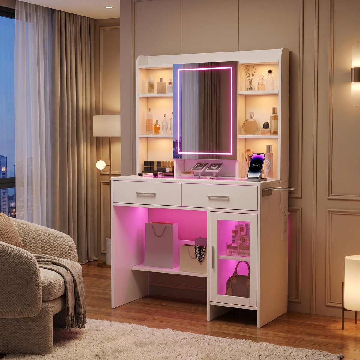 Kaptafel, LED-Verlichting en Spiegel, Moderne Kaptafel, Kaptafel LED Verlichting, Stopcontact en Föhnhouder, 2 Lades, 1 Kastje, 8 Open Planken, Geschikt Voor Dagelijkse Verzorging, Opbergruimte