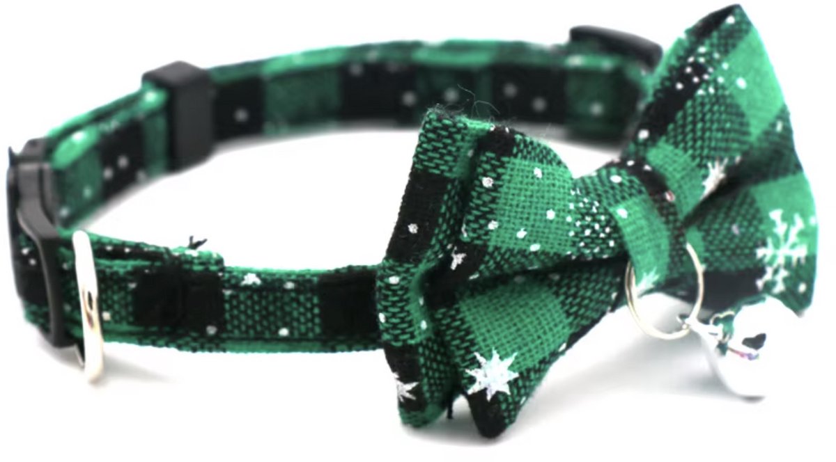 Bol.com Kersthalsband met strik voor kat of kleine hond groen snowflake belletje aanbieding
