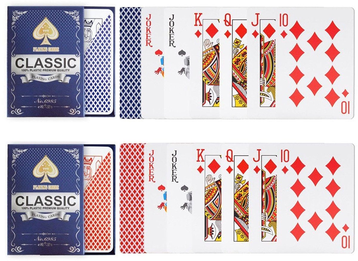 Dailygoods- Speelkaarten Waterdicht - Plastic Speelkaarten - Pokerkaarten - Entertainmentspellen - Feestkaarten - 2 Paren (Blauw/Rood) - Kaartspel