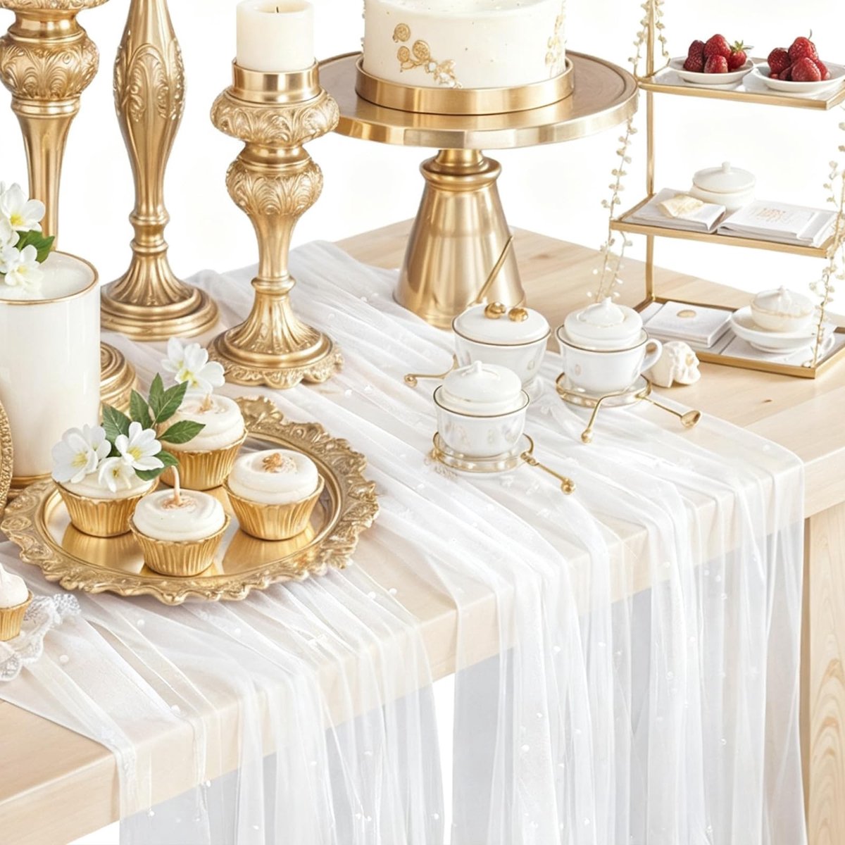 Dailygoods- Tafelloper 300 x 80 cm - Wit Tule met Parels - Tafeldecoratie Bruiloft - Tafeldecoratie Verjaardagsfeest - Elegant Lichtspel - Zorgvuldig Vakmanschap - Tafelkleed