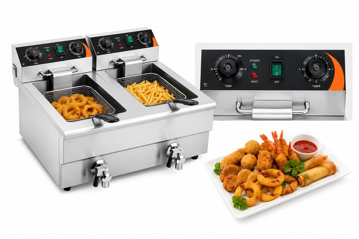 Jurrys Dubbele frituurpan 16L - Friteuse - Frietpan - Grote capaciteit - Snelle opwarmtijd - Makkelijk reinigen - 57x53x35.5cm