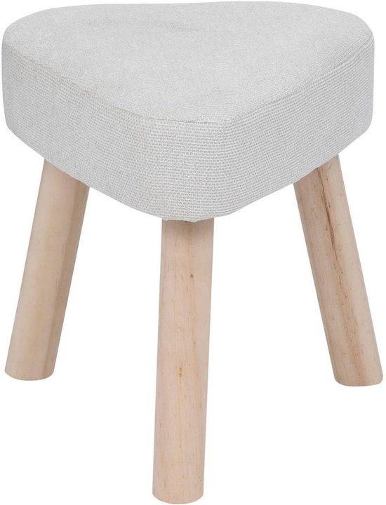 Wit hartvormig krukje met drie naturelkleurige houten pootjes.