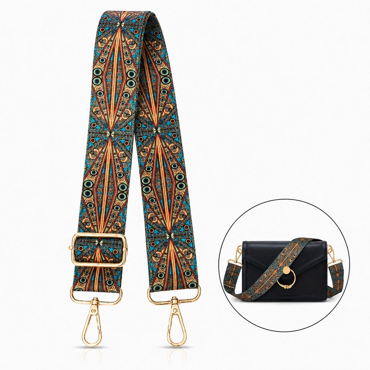 Luxamore Tassenriem met Pauwkleur – Verstelbare Schouderband / Bag Strap – Blauw, Groen & Turquoise – Goudkleurige Gesp
