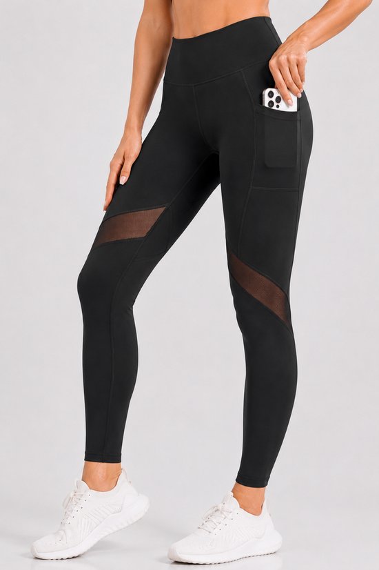 SparkNine Meshmotion sportlegging - dames - met zakken - XL - zwart - stijlvolle mesh panelen - telefoon zakken - elastisch - squatproof van Merkloos — afbeelding 4