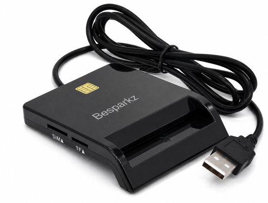 Zwarte BeSparkz kaartlezer met SIM- en TF-kaartsleuven, een USB-aansluiting en een lange zwarte kabel.