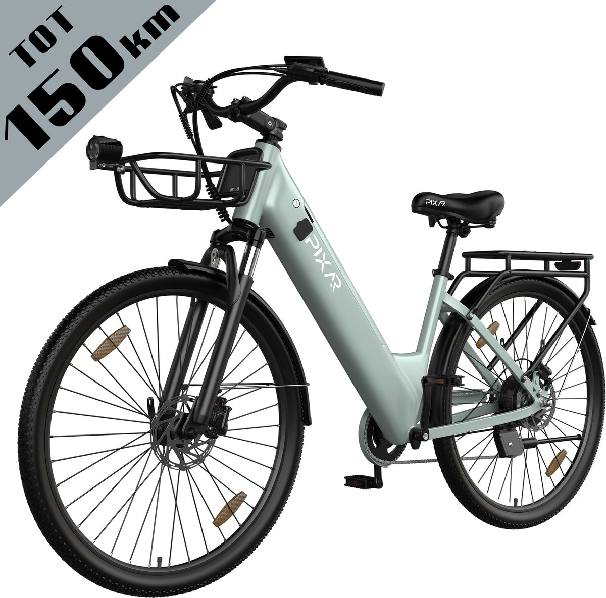 Galaxy C1 Pro Elektrische Stadsfiets 28 Inch - Tot 150 km Bereik - 36V 18Ah EVE Accu - Hydraulische Schijfremmen- 250W Motor - Shimano 7 Versnellingen - Voorvorkvering - Inclusief Mand en Telefoonhouder-Lichtgroen