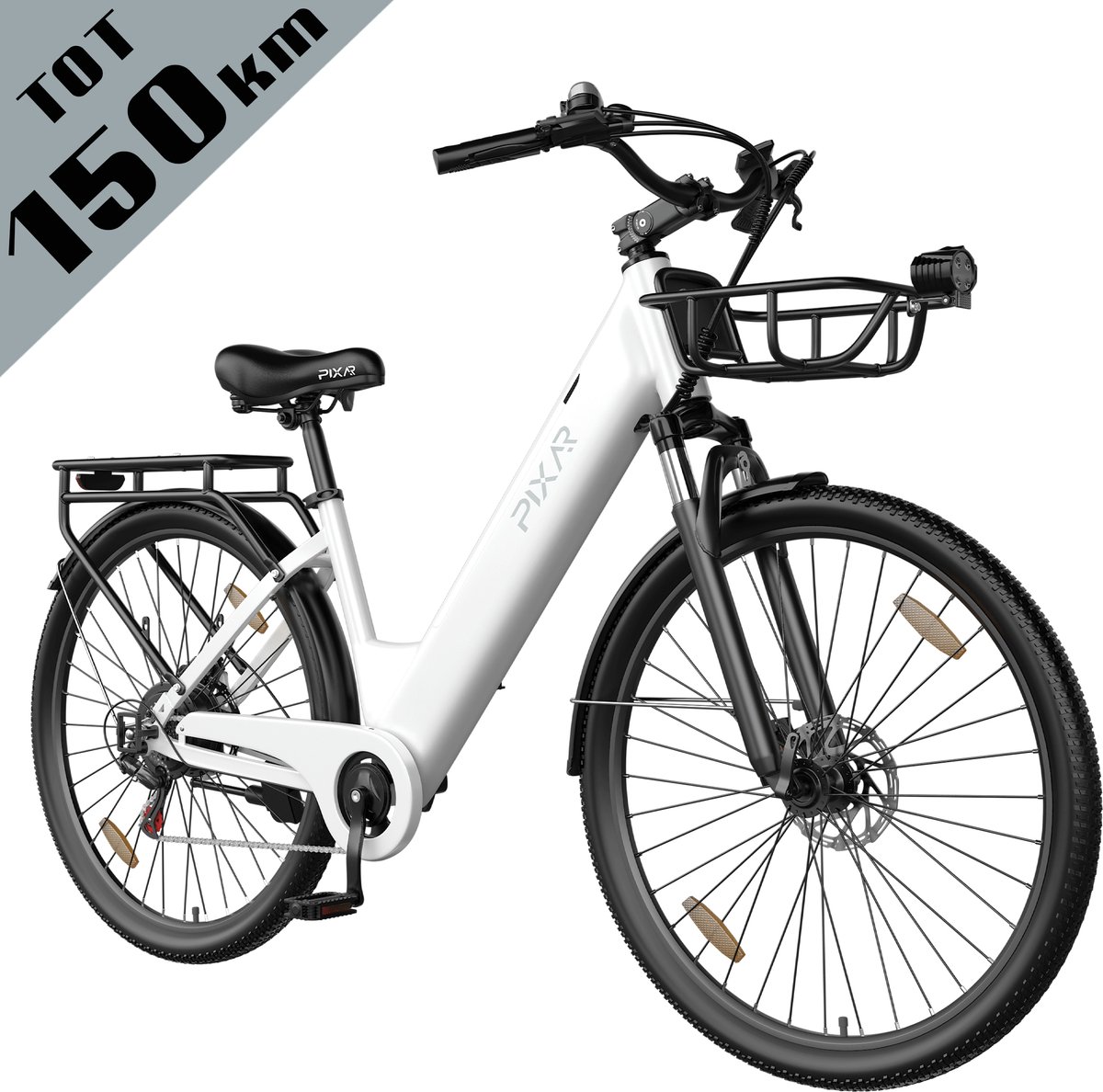 Galaxy C1 Pro Elektrische Stadsfiets 28 Inch - Tot 150 km Bereik - 36V 18Ah EVE Accu - Hydraulische Schijfremmen- 250W Motor - Shimano 7 Versnellingen - Voorvorkvering - Inclusief Mand en Telefoonhouder-wit