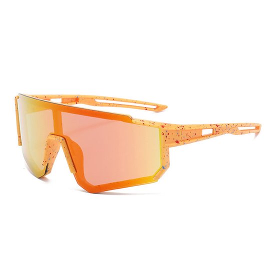 Lunettes de sport oranges avec verres miroirs orange/rose et éclaboussures multicolores sur les branches.