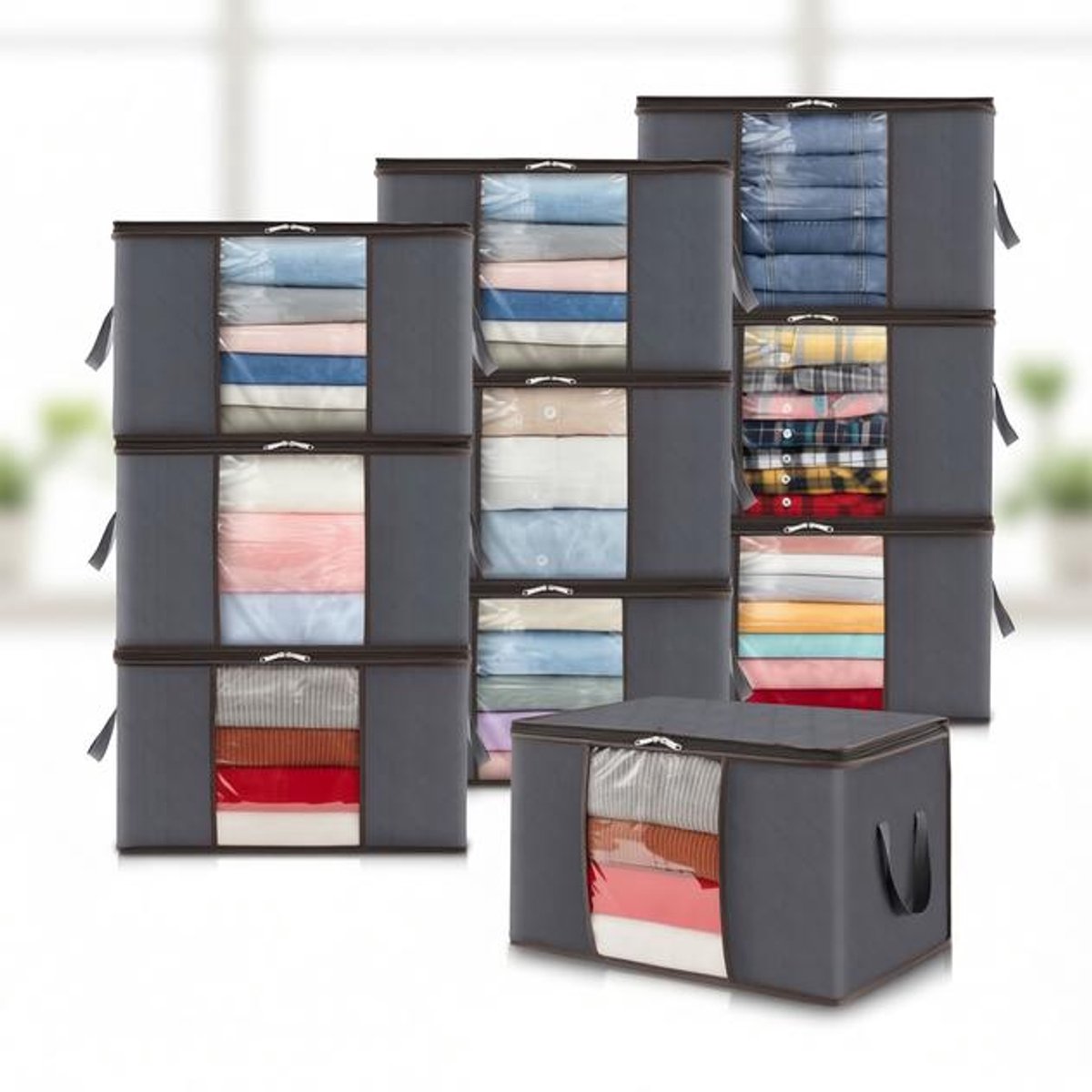 ElleMooi Opbergtassen 10 stuks 60L - Opbergdoos met deksel - Kledingorganizer - Opvouwbare kledingopslag - Verhuisdozen met versterkte handgreep voor dekbedden, kleding, deken - Grijs