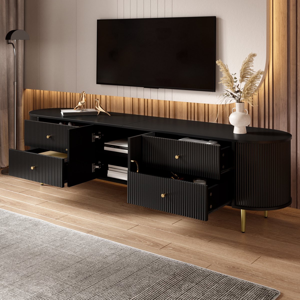 STILVORA Tv-Meubel - Golffront Met Laden En Kabeldoorvoer - Voor Woonkamer En Mediaopslag - MDF - 180x40x38 Cm - Zwart